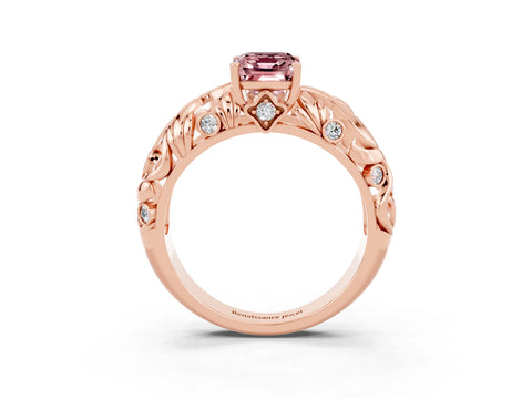 Rose gold Emerald Cut Solitaire Morganite Leaf-Inspired Vine Band Ring with Prong Setting_3
