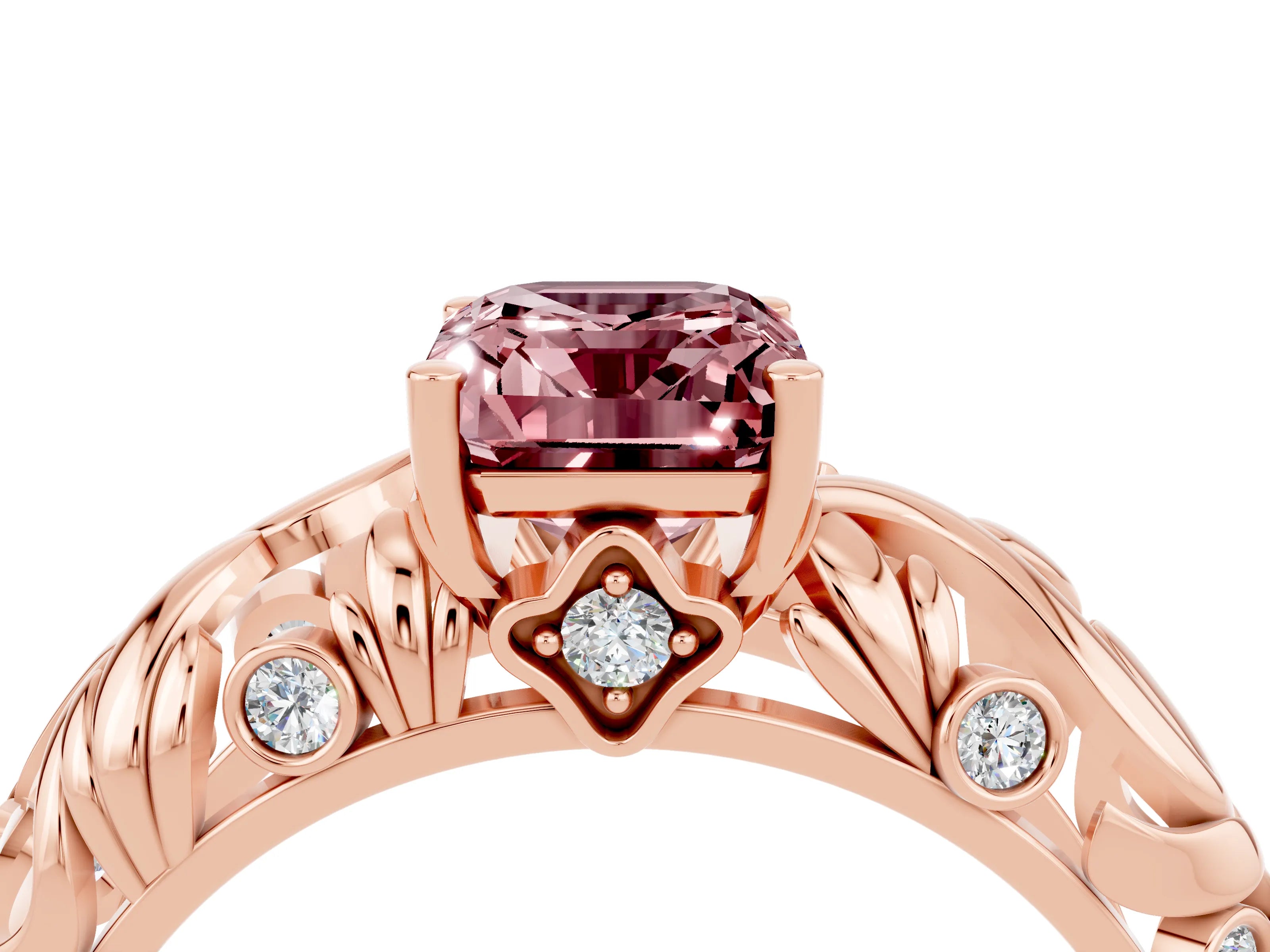 Rose gold Emerald Cut Solitaire Morganite Leaf-Inspired Vine Band Ring with Prong Setting_4
