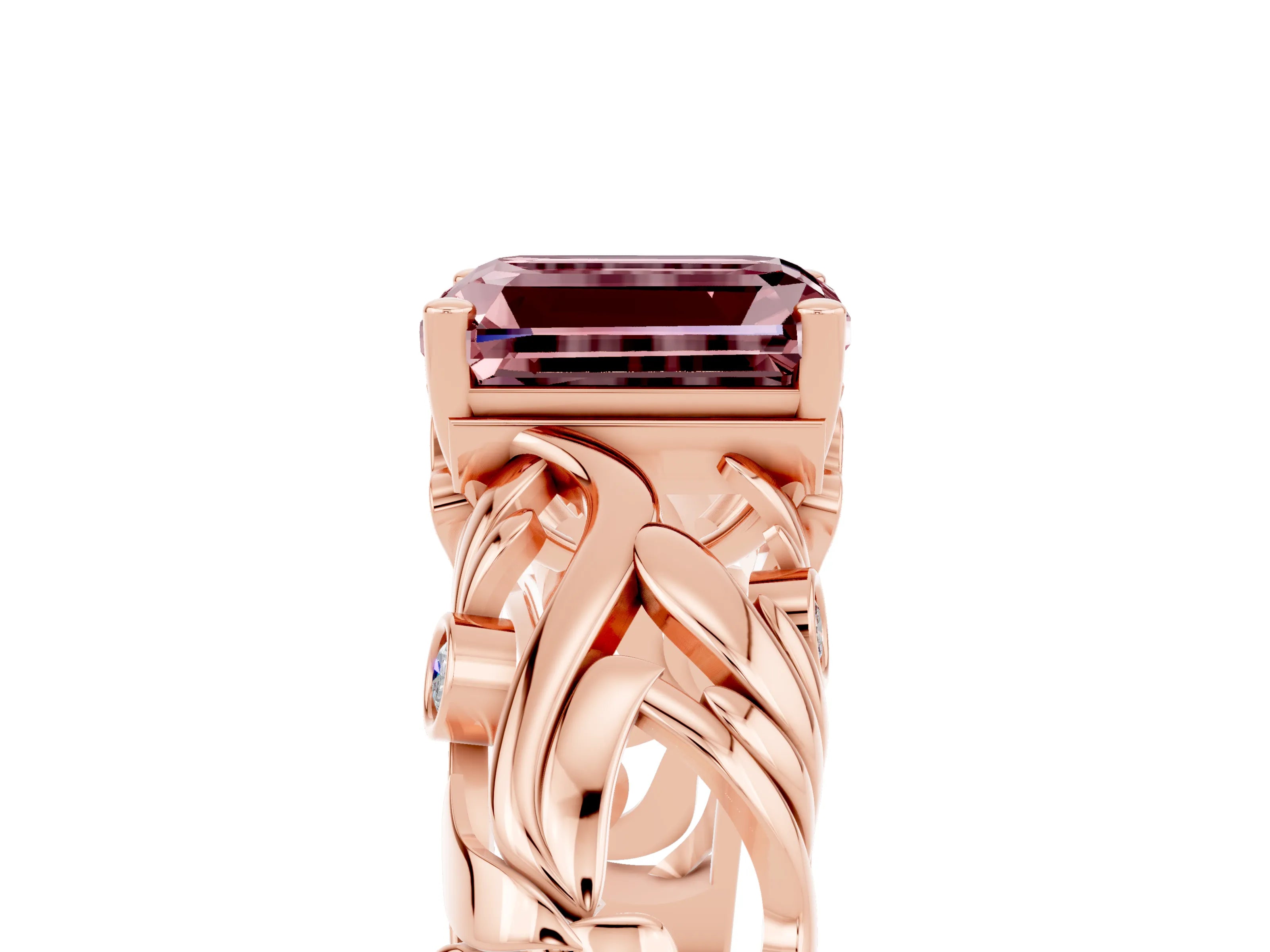 Rose gold Emerald Cut Solitaire Morganite Leaf-Inspired Vine Band Ring with Prong Setting_5