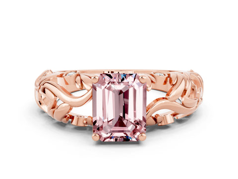 Rose gold Emerald Cut Solitaire Morganite Leaf-Inspired Vine Band Ring with Prong Setting