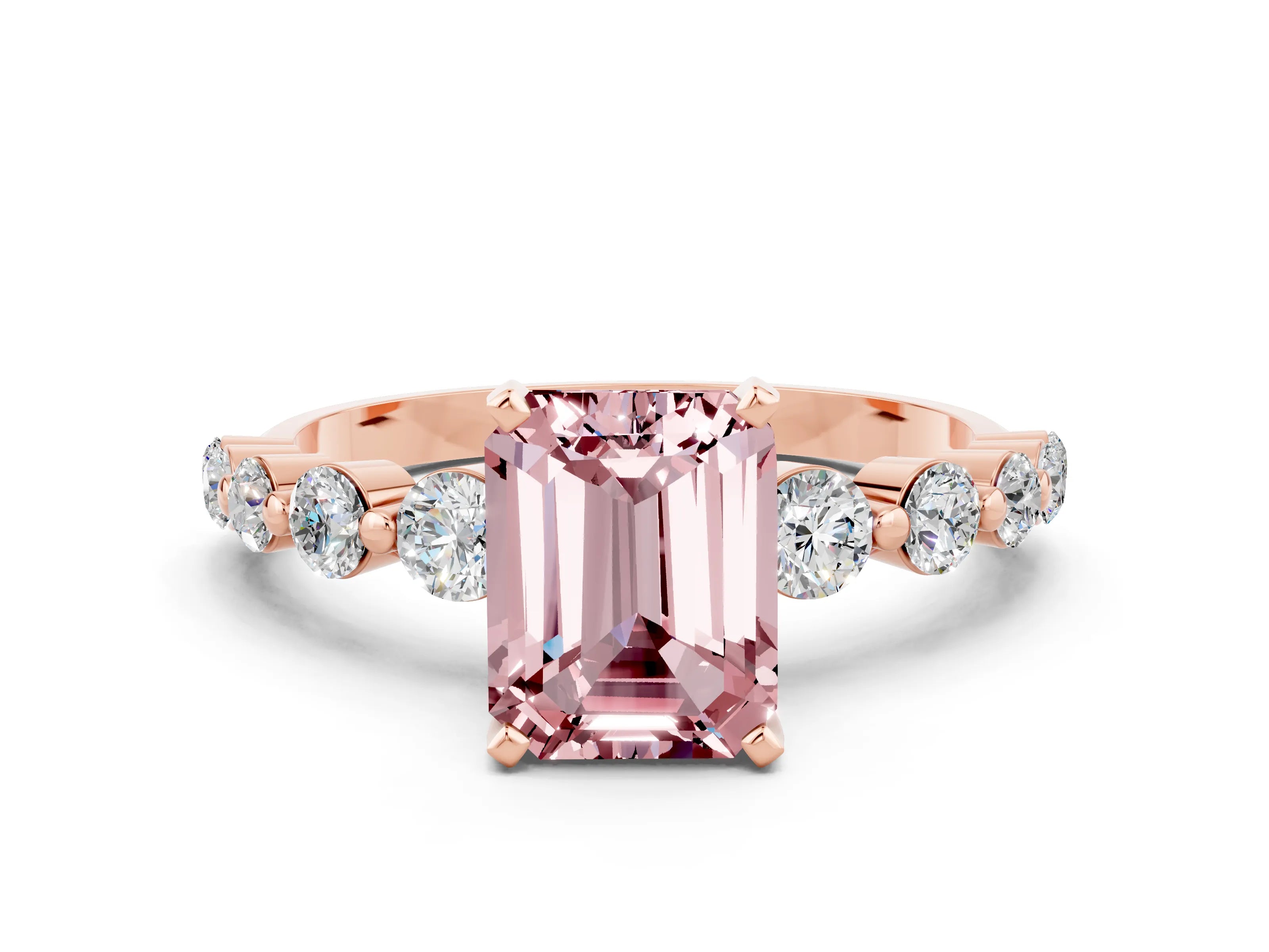 Rose gold Emerald Cut Solitaire Morganite Ring with Pave Band and Four-Prong Setting
