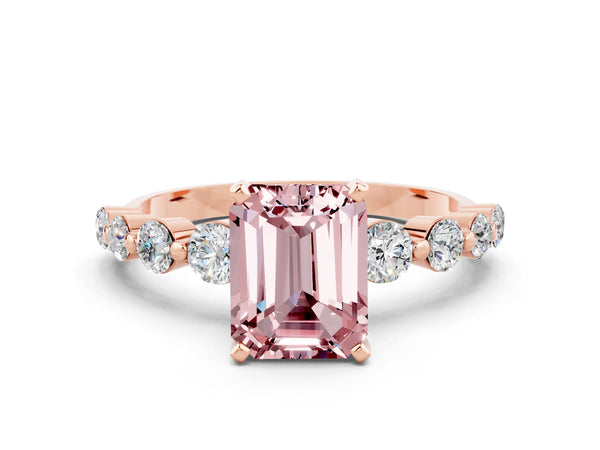 Rose gold Emerald Cut Solitaire Morganite Ring with Pave Band and Four-Prong Setting