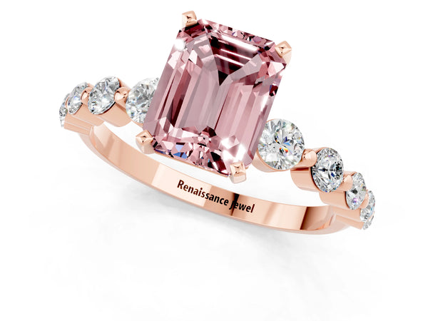 Rose gold Emerald Cut Solitaire Morganite Ring with Pave Band and Four-Prong Setting
