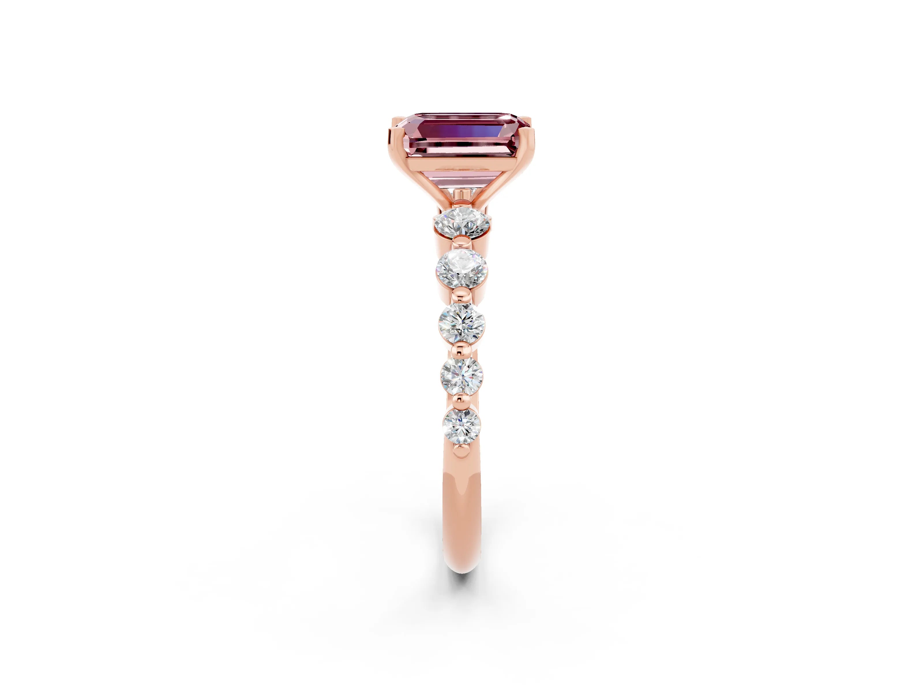 Rose gold Emerald Cut Solitaire Morganite Ring with Pave Band and Four-Prong Setting_2