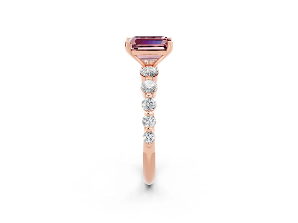 Rose gold Emerald Cut Solitaire Morganite Ring with Pave Band and Four-Prong Setting