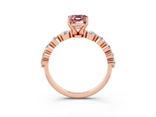 Rose gold Emerald Cut Solitaire Morganite Ring with Pave Band and Four-Prong Setting