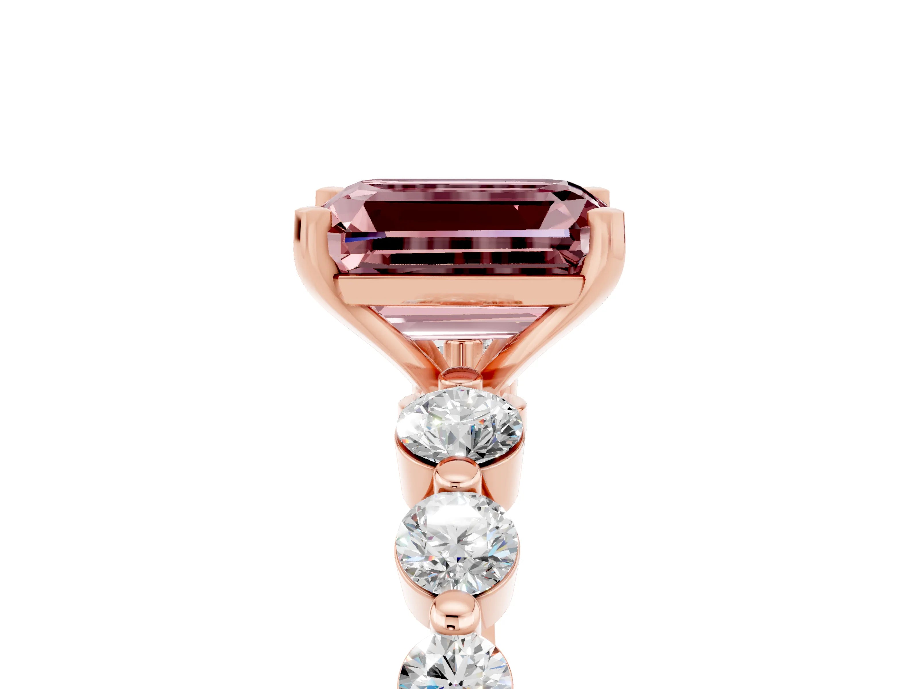 Rose gold Emerald Cut Solitaire Morganite Ring with Pave Band and Four-Prong Setting_5