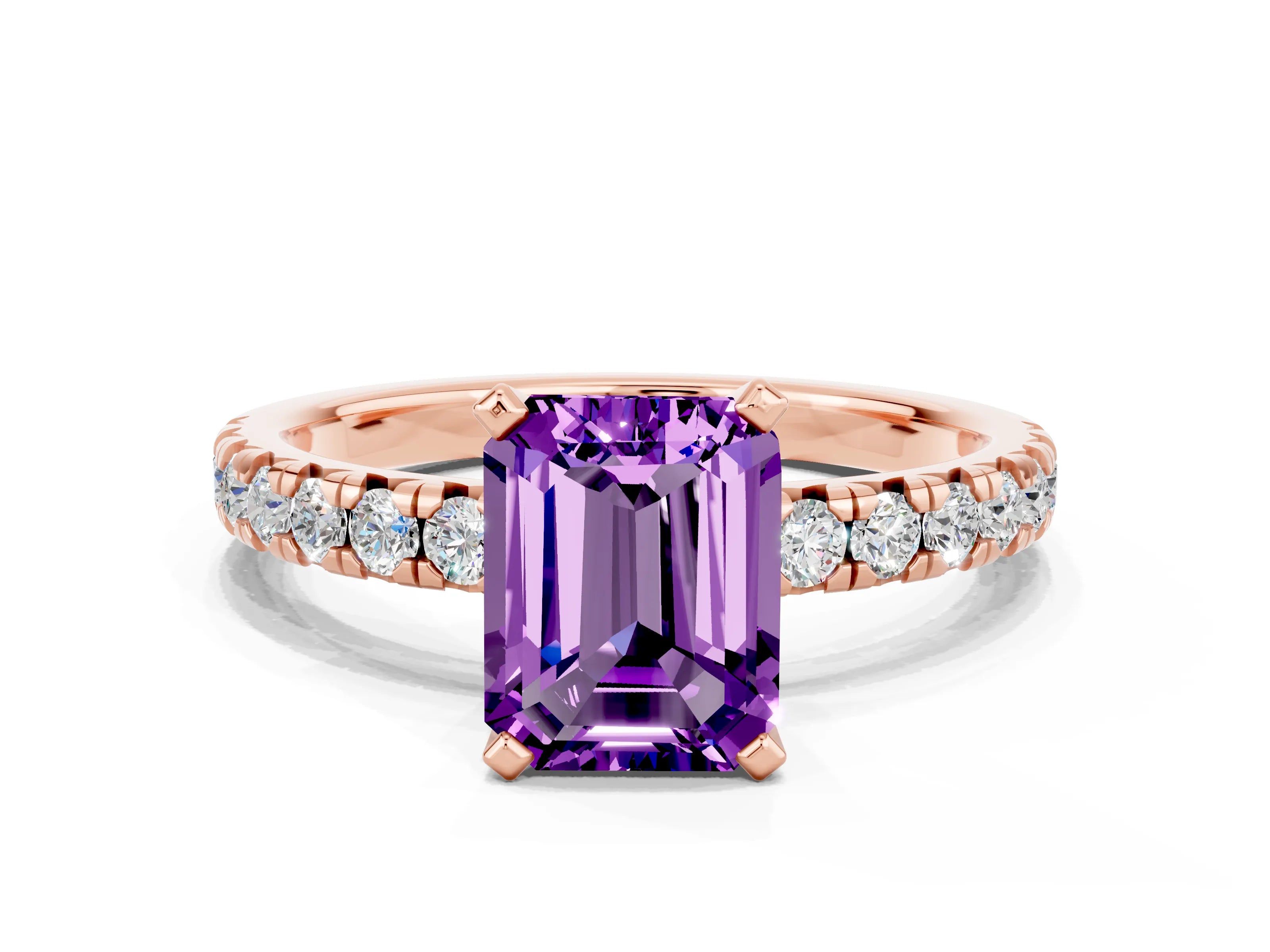 Rose gold Emerald Cut Solitaire Pave Diamond Engagement Ring with Four-Prong Setting