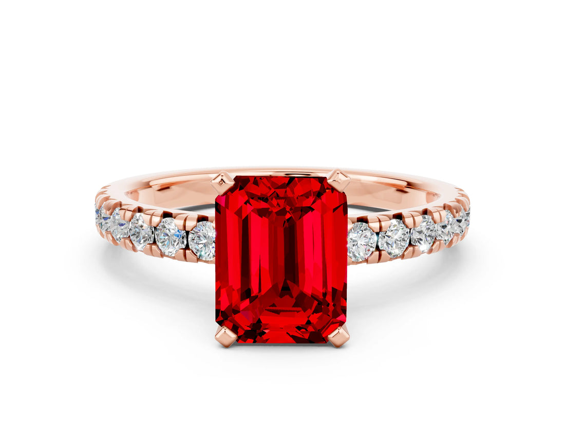 Rose gold Emerald Cut Solitaire Pave Diamond Engagement Ring with Four-Prong Setting