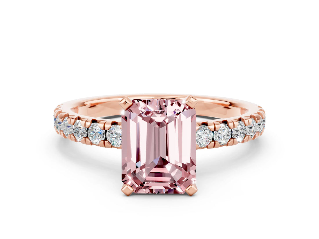 Rose gold Emerald Cut Solitaire Pave Diamond Engagement Ring with Four-Prong Setting