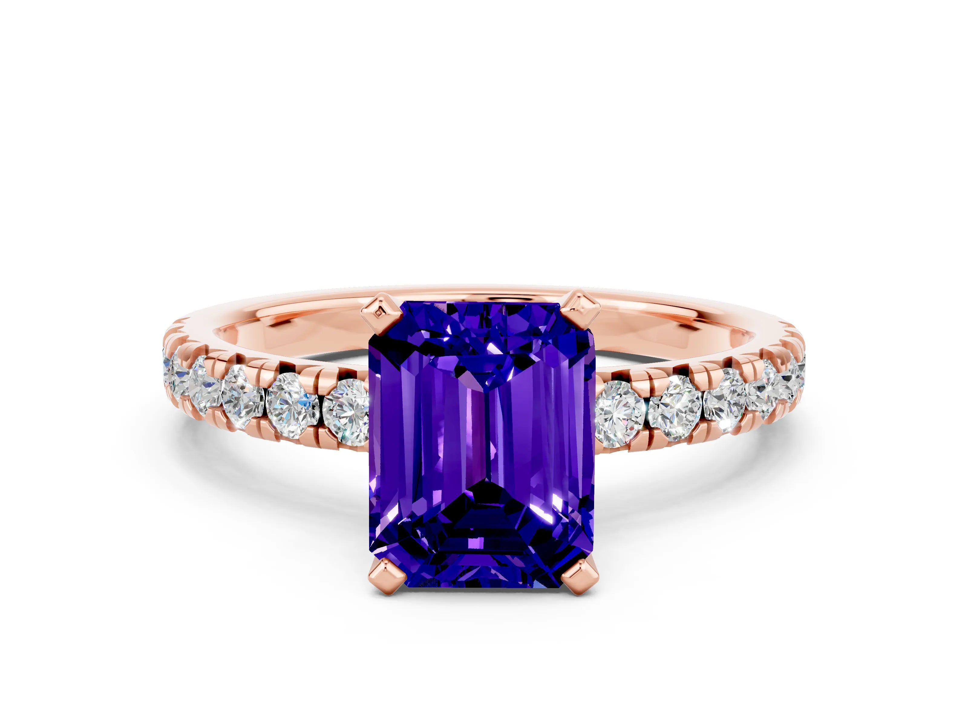 Rose gold Emerald Cut Solitaire Pave Diamond Engagement Ring with Four-Prong Setting