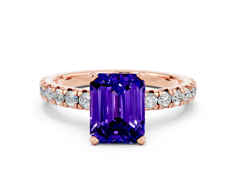 Rose gold Emerald Cut Solitaire Pave Diamond Engagement Ring with Four-Prong Setting