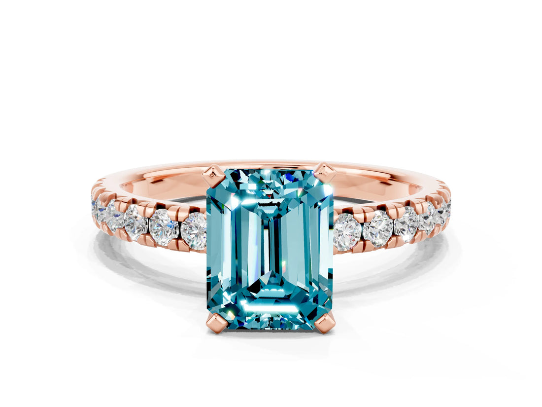 Rose gold Emerald Cut Solitaire Pave Diamond Engagement Ring with Four-Prong Setting