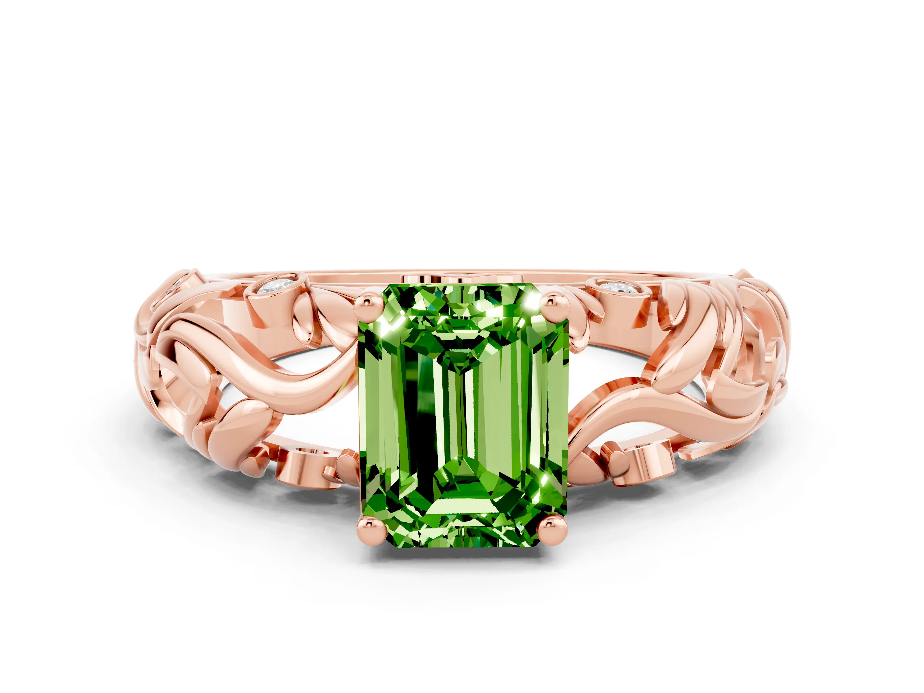Rose gold Emerald Cut Solitaire Peridot Leaf-Inspired Vine Band Ring with Prong Setting