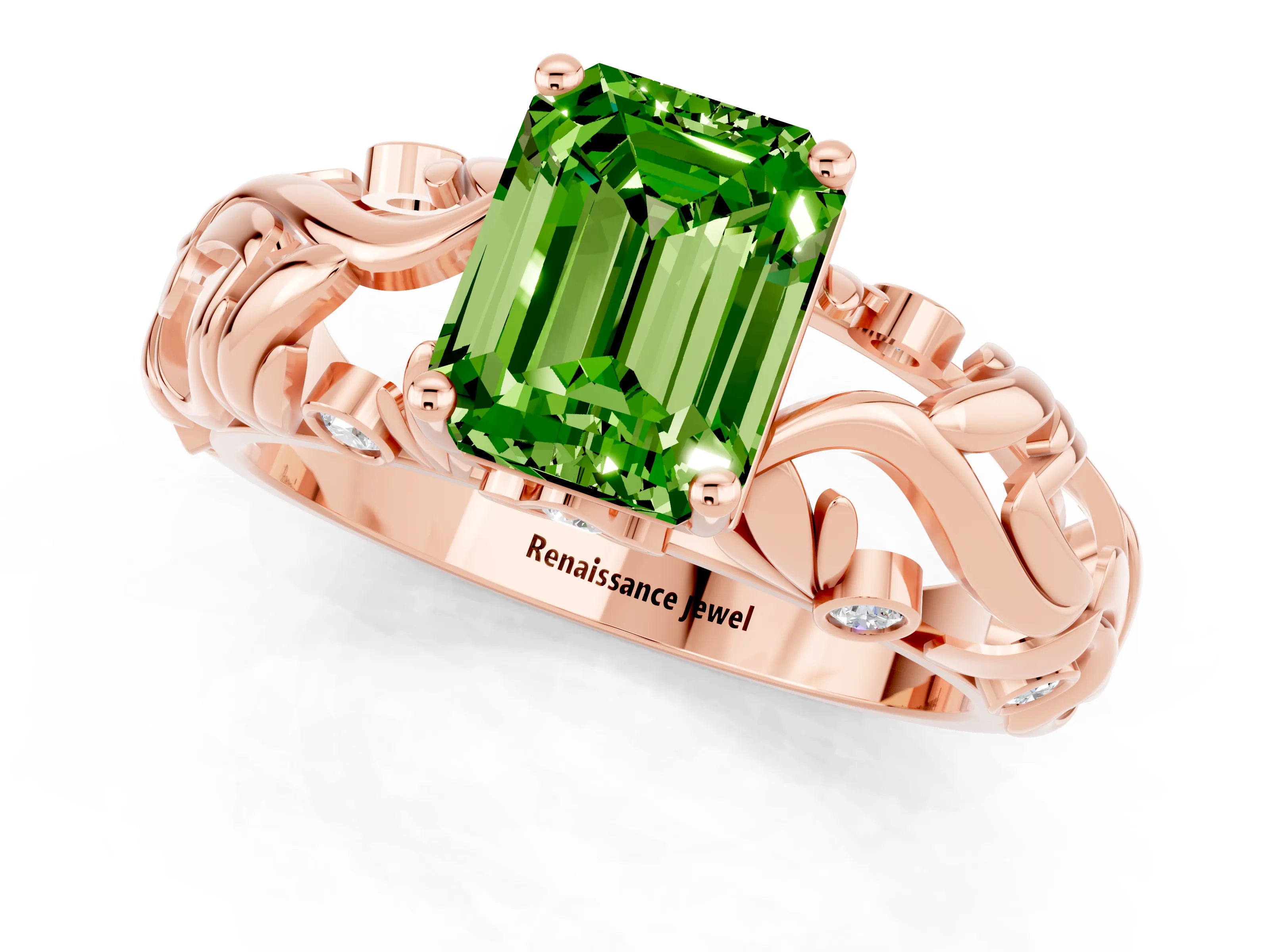 Rose gold Emerald Cut Solitaire Peridot Leaf-Inspired Vine Band Ring with Prong Setting_1