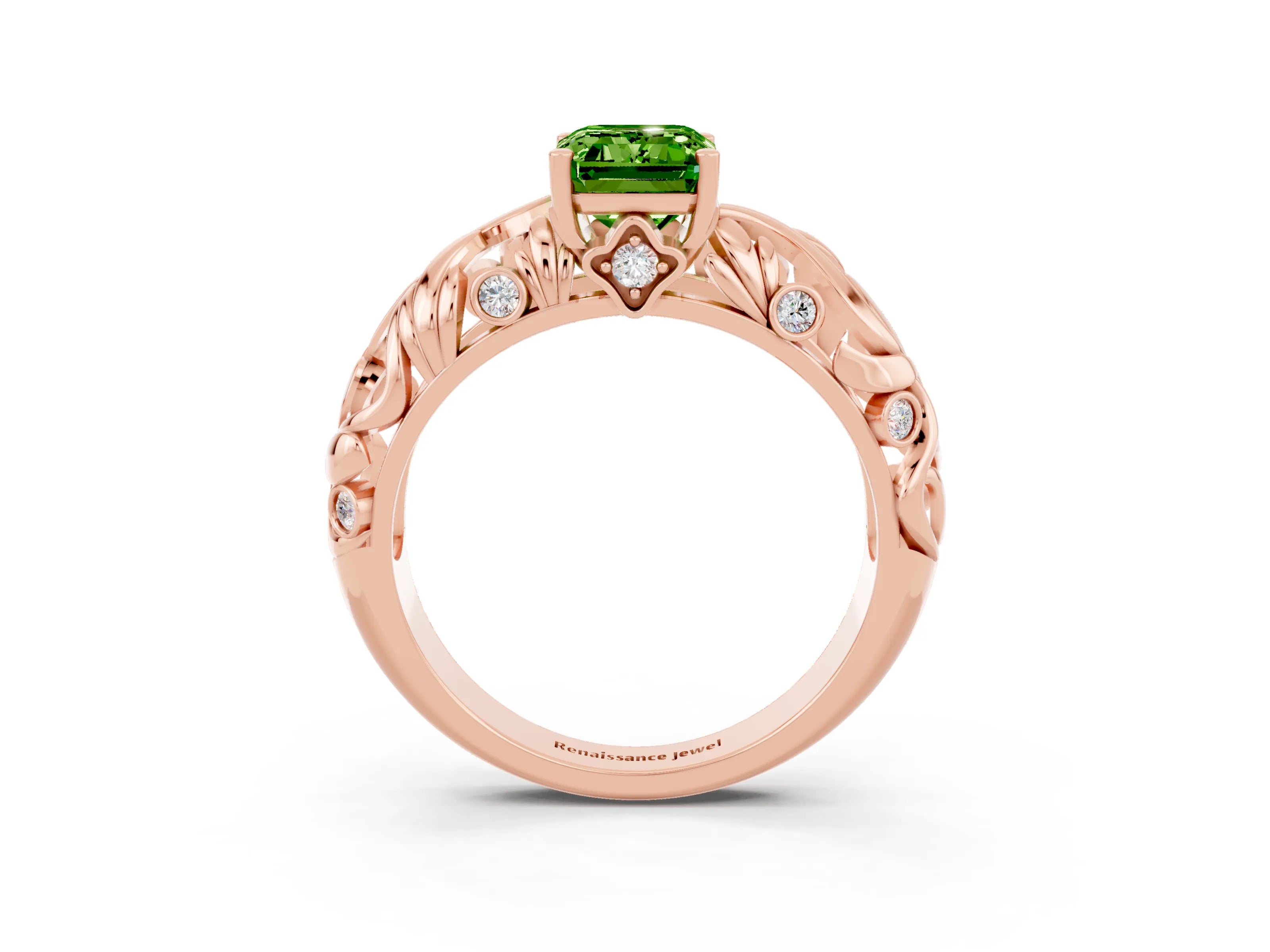 Rose gold Emerald Cut Solitaire Peridot Leaf-Inspired Vine Band Ring with Prong Setting_3