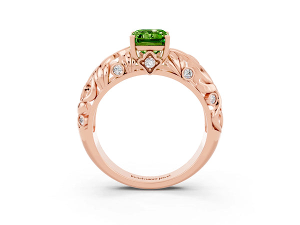 Rose gold Emerald Cut Solitaire Peridot Leaf-Inspired Vine Band Ring with Prong Setting
