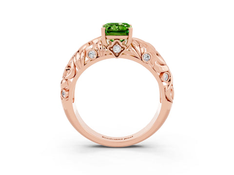 Rose gold Emerald Cut Solitaire Peridot Leaf-Inspired Vine Band Ring with Prong Setting_3