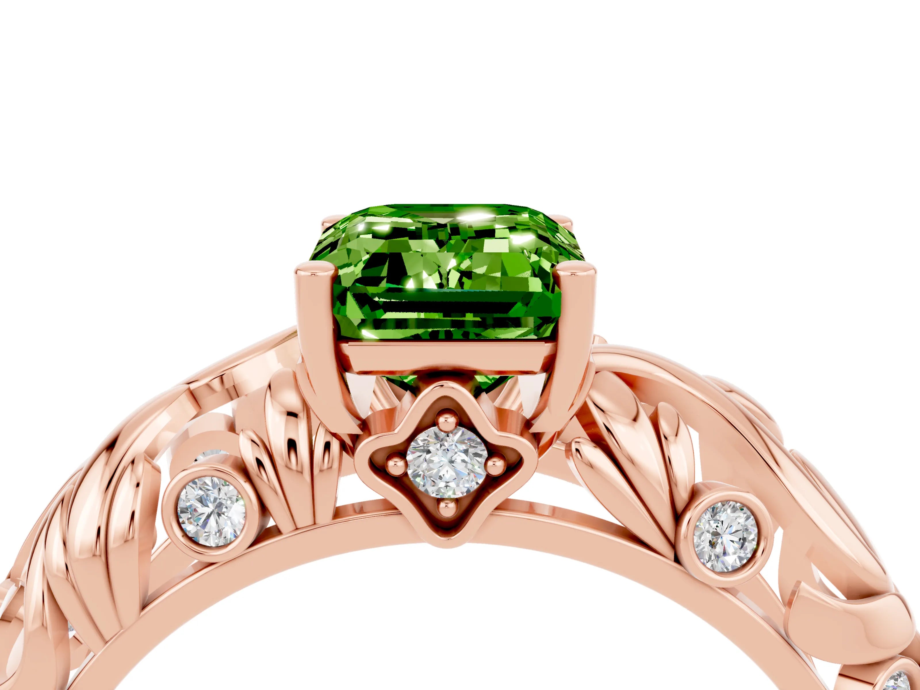 Rose gold Emerald Cut Solitaire Peridot Leaf-Inspired Vine Band Ring with Prong Setting_4