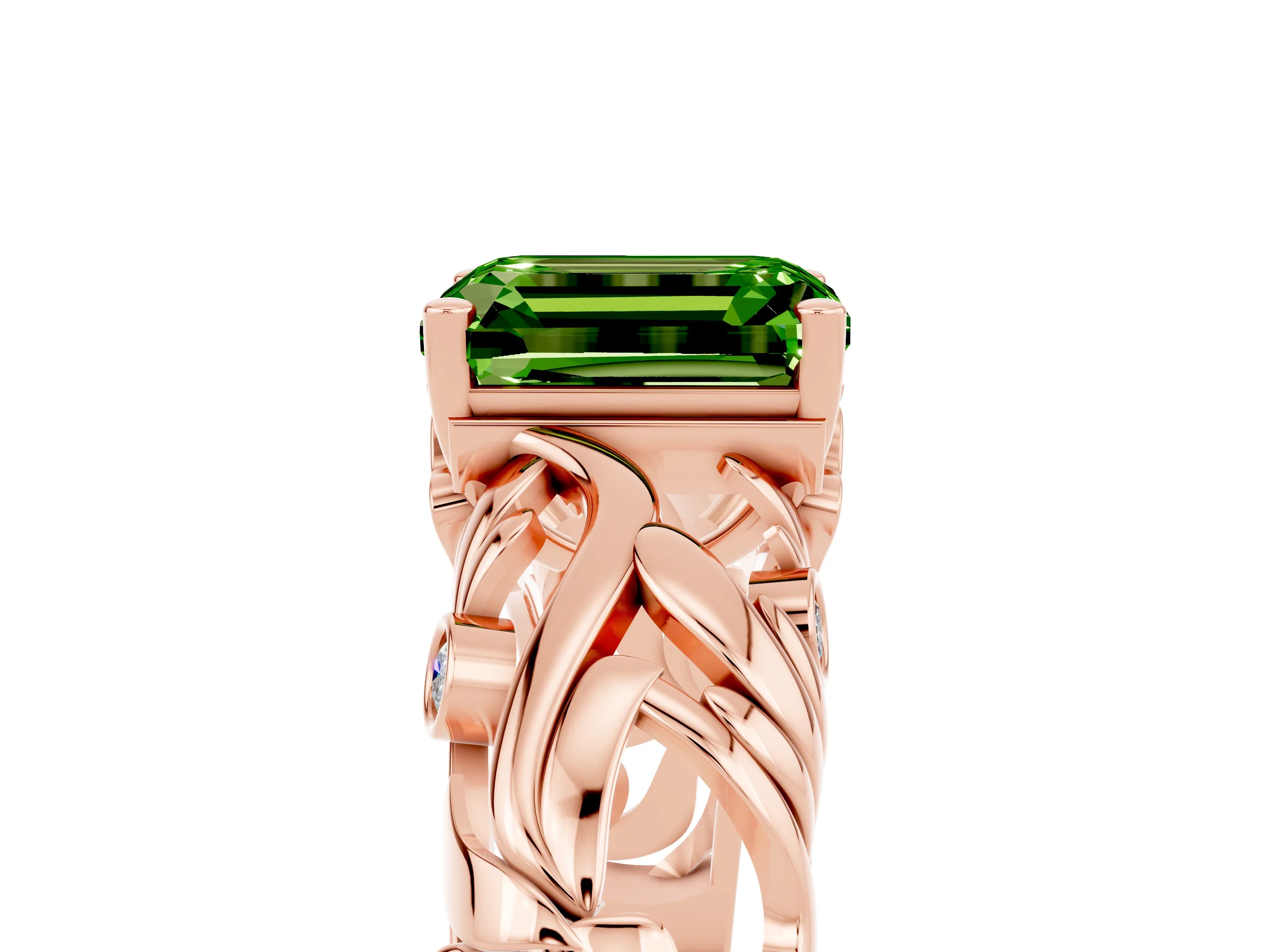 Rose gold Emerald Cut Solitaire Peridot Leaf-Inspired Vine Band Ring with Prong Setting_5