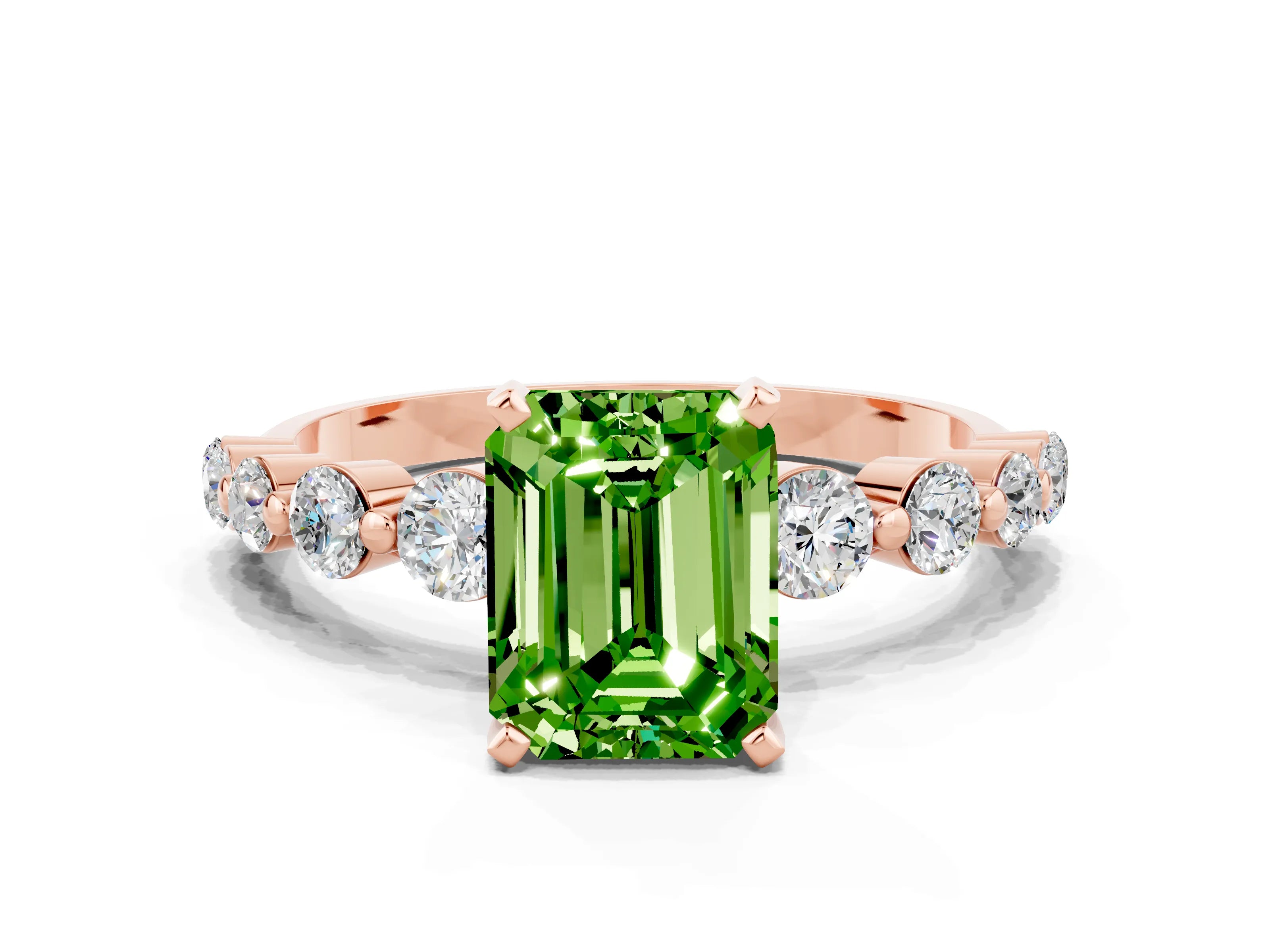 Rose gold Emerald Cut Solitaire Peridot Ring with Pave Band and Four-Prong Setting
