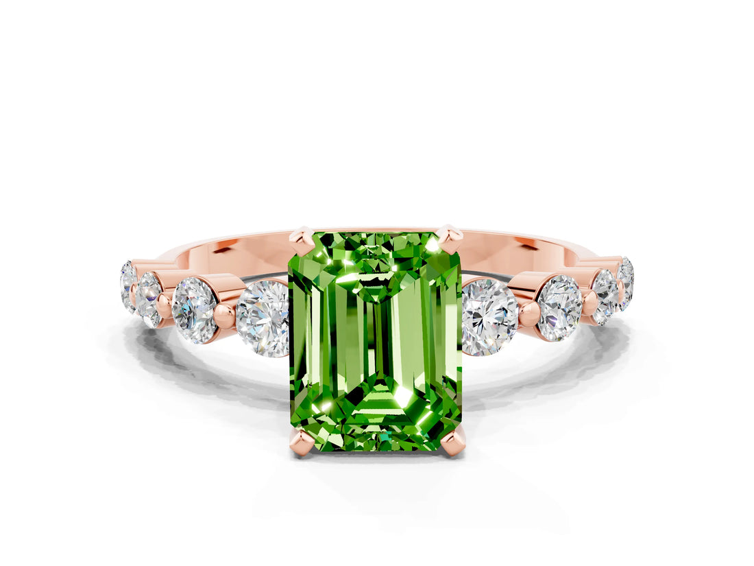 Rose gold Emerald Cut Solitaire Peridot Ring with Pave Band and Four-Prong Setting