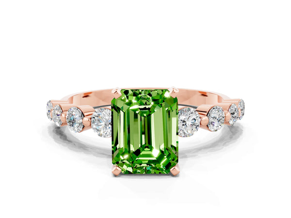 Rose gold Emerald Cut Solitaire Peridot Ring with Pave Band and Four-Prong Setting
