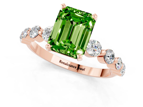 Rose gold Emerald Cut Solitaire Peridot Ring with Pave Band and Four-Prong Setting