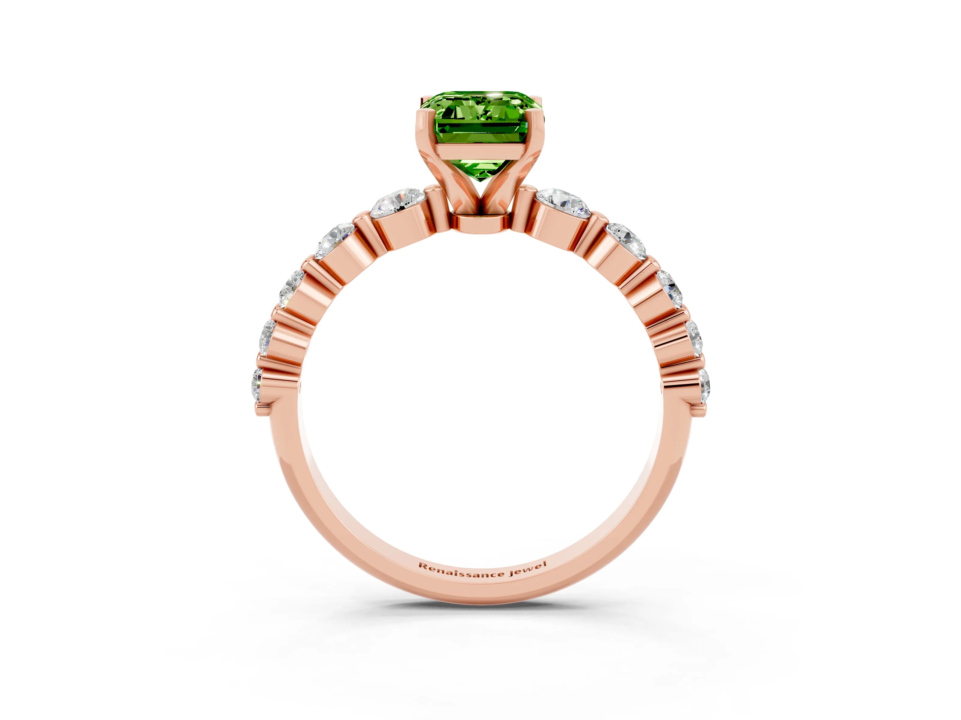 Rose gold Emerald Cut Solitaire Peridot Ring with Pave Band and Four-Prong Setting_3