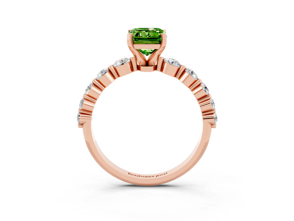 Rose gold Emerald Cut Solitaire Peridot Ring with Pave Band and Four-Prong Setting