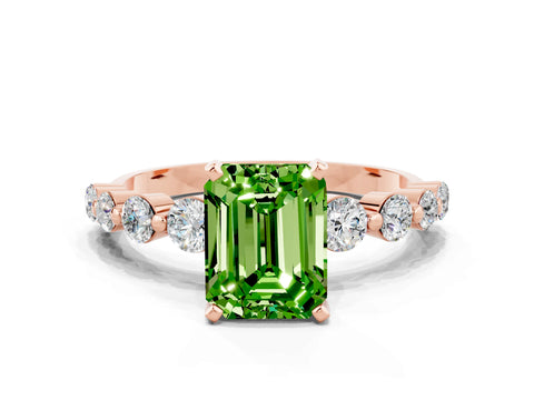 Rose gold Emerald Cut Solitaire Peridot Ring with Pave Band and Four-Prong Setting