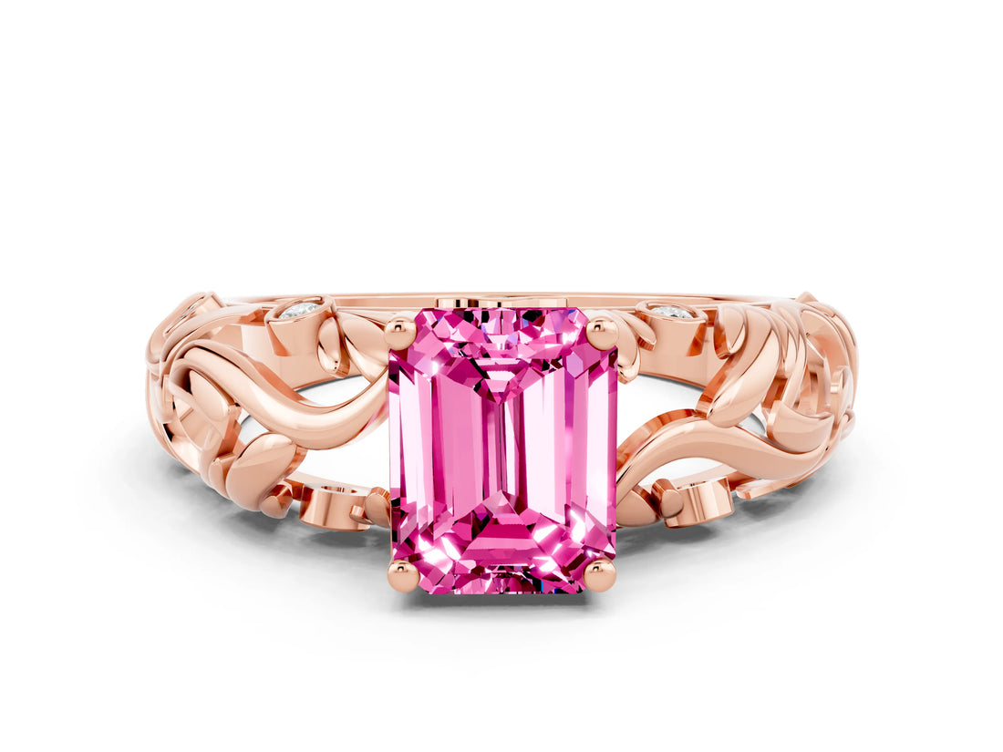 Rose gold Emerald Cut Solitaire Pink Sapphire Leaf-Inspired Vine Band Ring with Prong Setting_24