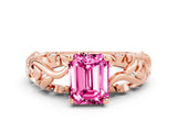 Rose gold Emerald Cut Solitaire Pink Sapphire Leaf-Inspired Vine Band Ring with Prong Setting_24