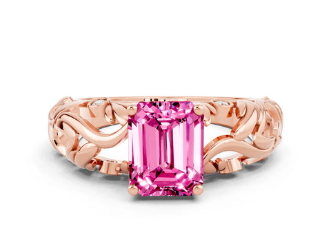 Rose gold Emerald Cut Solitaire Pink Sapphire Leaf-Inspired Vine Band Ring with Prong Setting_24