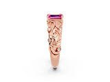 Rose gold Emerald Cut Solitaire Pink Sapphire Leaf-Inspired Vine Band Ring with Prong Setting_26