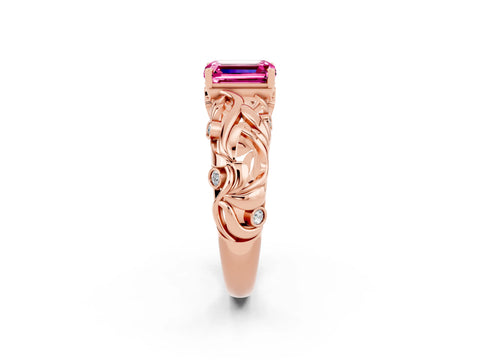 Rose gold Emerald Cut Solitaire Pink Sapphire Leaf-Inspired Vine Band Ring with Prong Setting_26