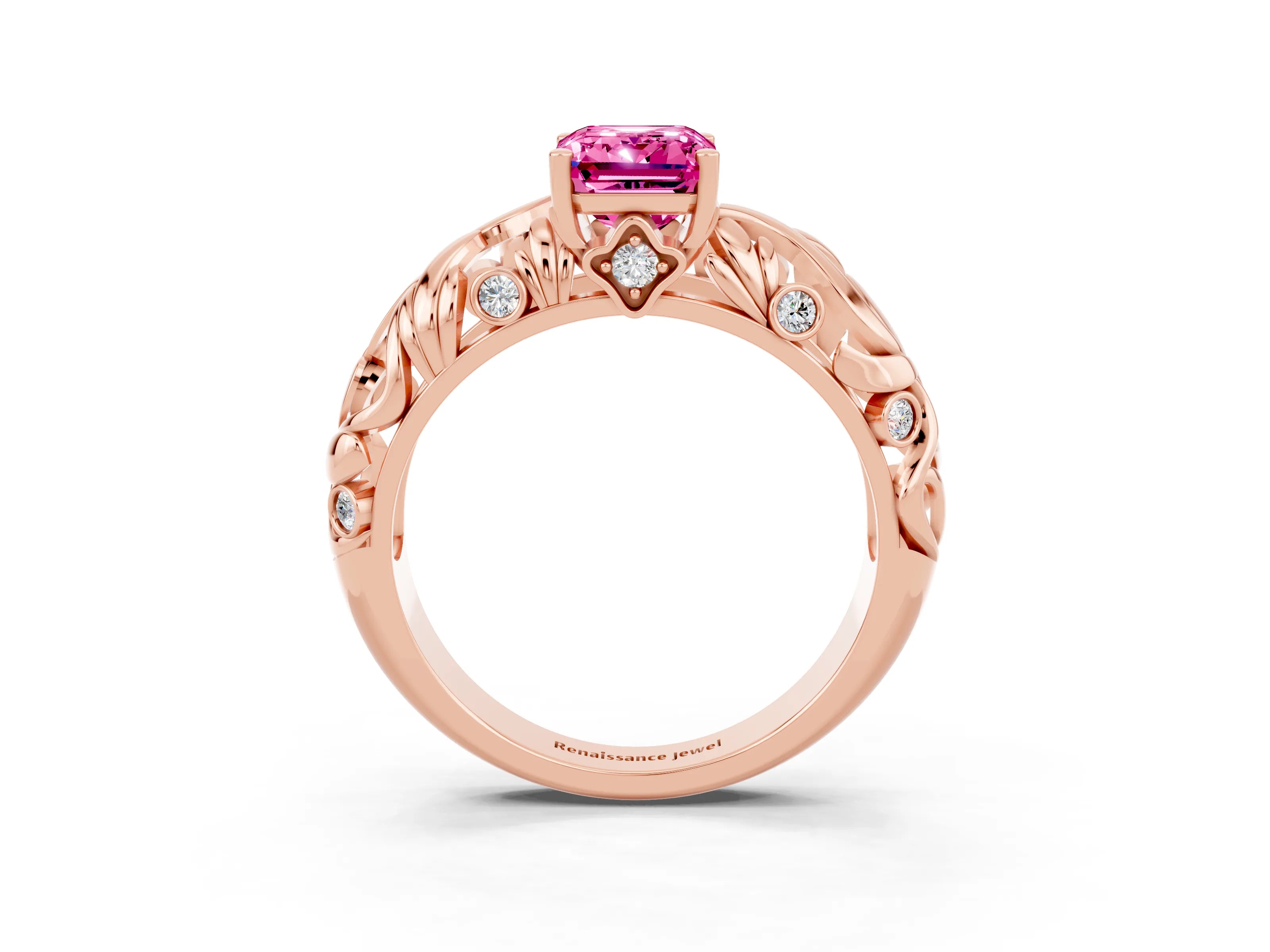 Rose gold Emerald Cut Solitaire Pink Sapphire Leaf-Inspired Vine Band Ring with Prong Setting_27