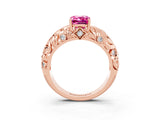 Rose gold Emerald Cut Solitaire Pink Sapphire Leaf-Inspired Vine Band Ring with Prong Setting_27