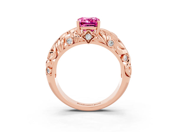 Rose gold Emerald Cut Solitaire Pink Sapphire Leaf-Inspired Vine Band Ring with Prong Setting