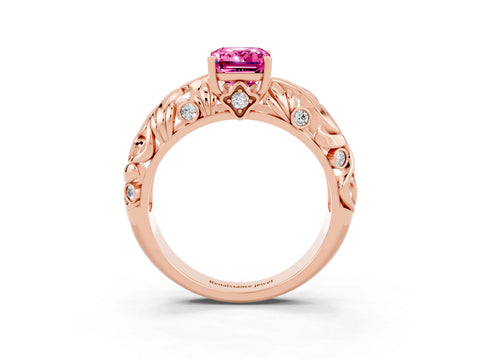Rose gold Emerald Cut Solitaire Pink Sapphire Leaf-Inspired Vine Band Ring with Prong Setting_27