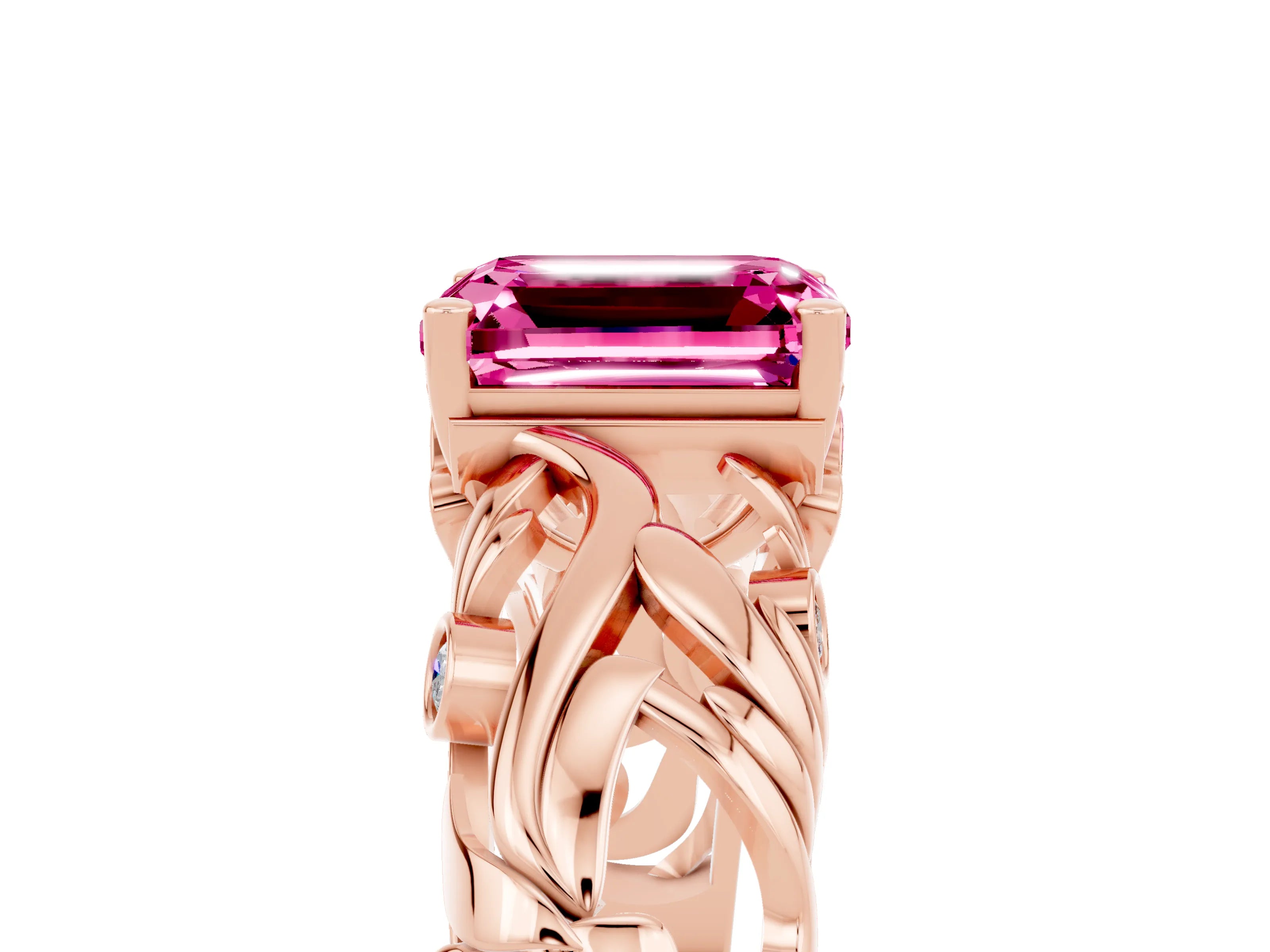 Rose gold Emerald Cut Solitaire Pink Sapphire Leaf-Inspired Vine Band Ring with Prong Setting_29