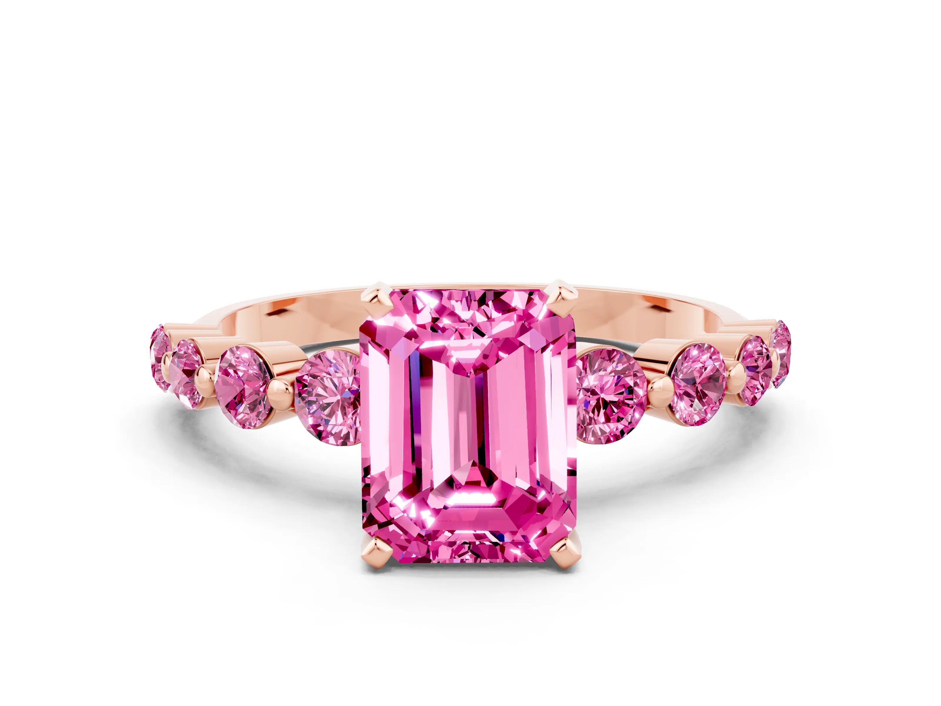 Rose gold Emerald Cut Solitaire Pink Sapphire Ring with Pave Band and Four-Prong Setting