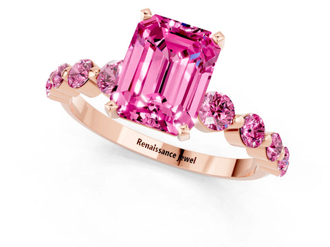 Rose gold Emerald Cut Solitaire Pink Sapphire Ring with Pave Band and Four-Prong Setting_1