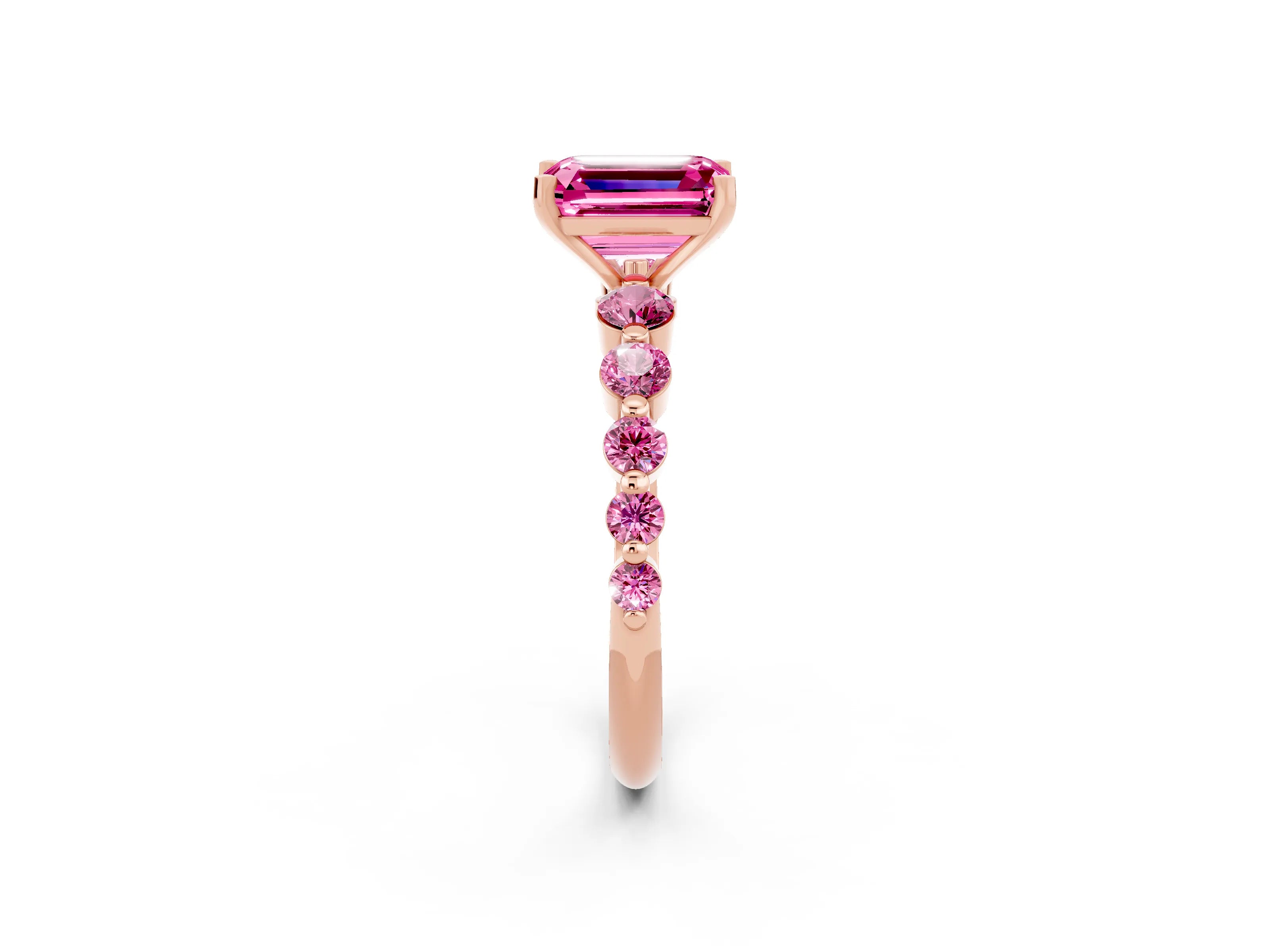 Rose gold Emerald Cut Solitaire Pink Sapphire Ring with Pave Band and Four-Prong Setting_2