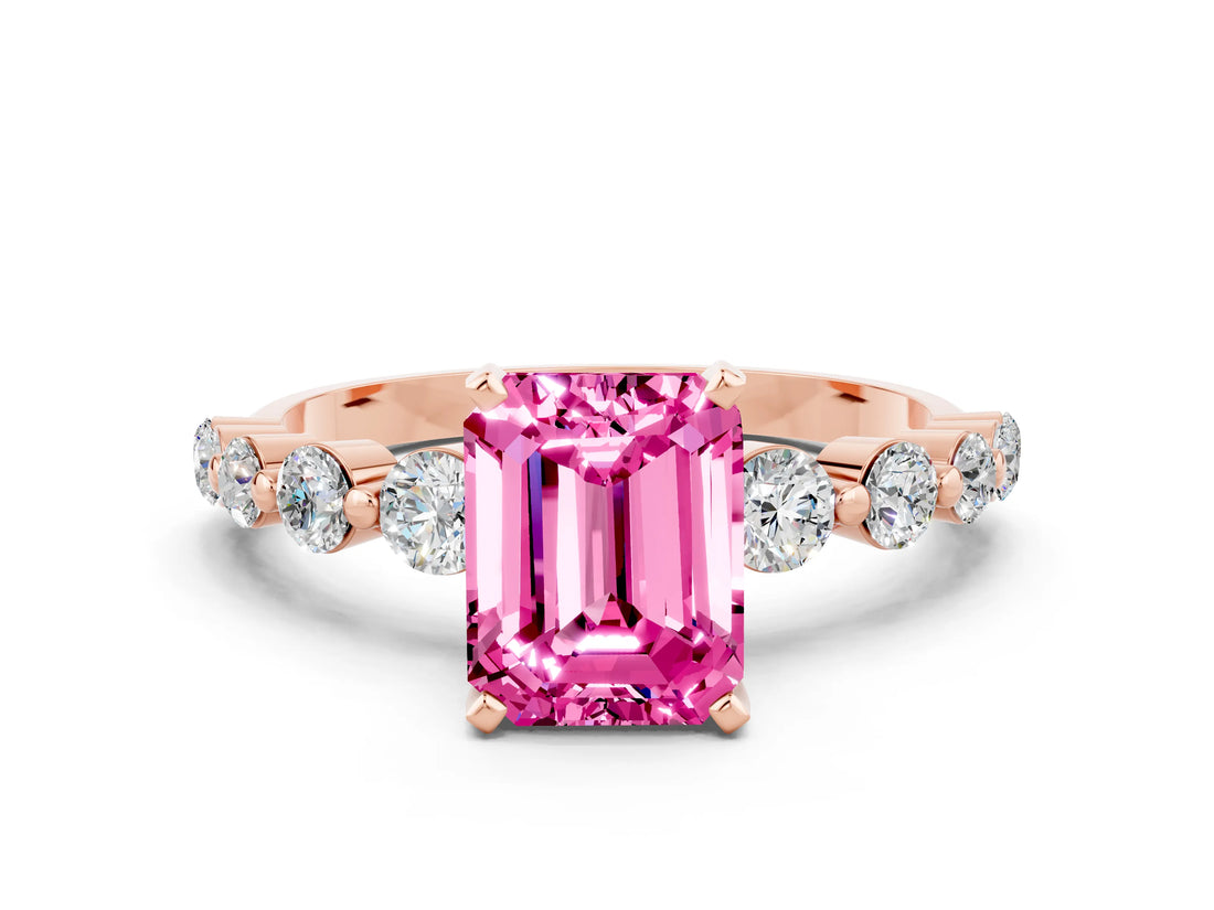 Rose gold Emerald Cut Solitaire Pink Sapphire Ring with Pave Band and Four-Prong Setting_24