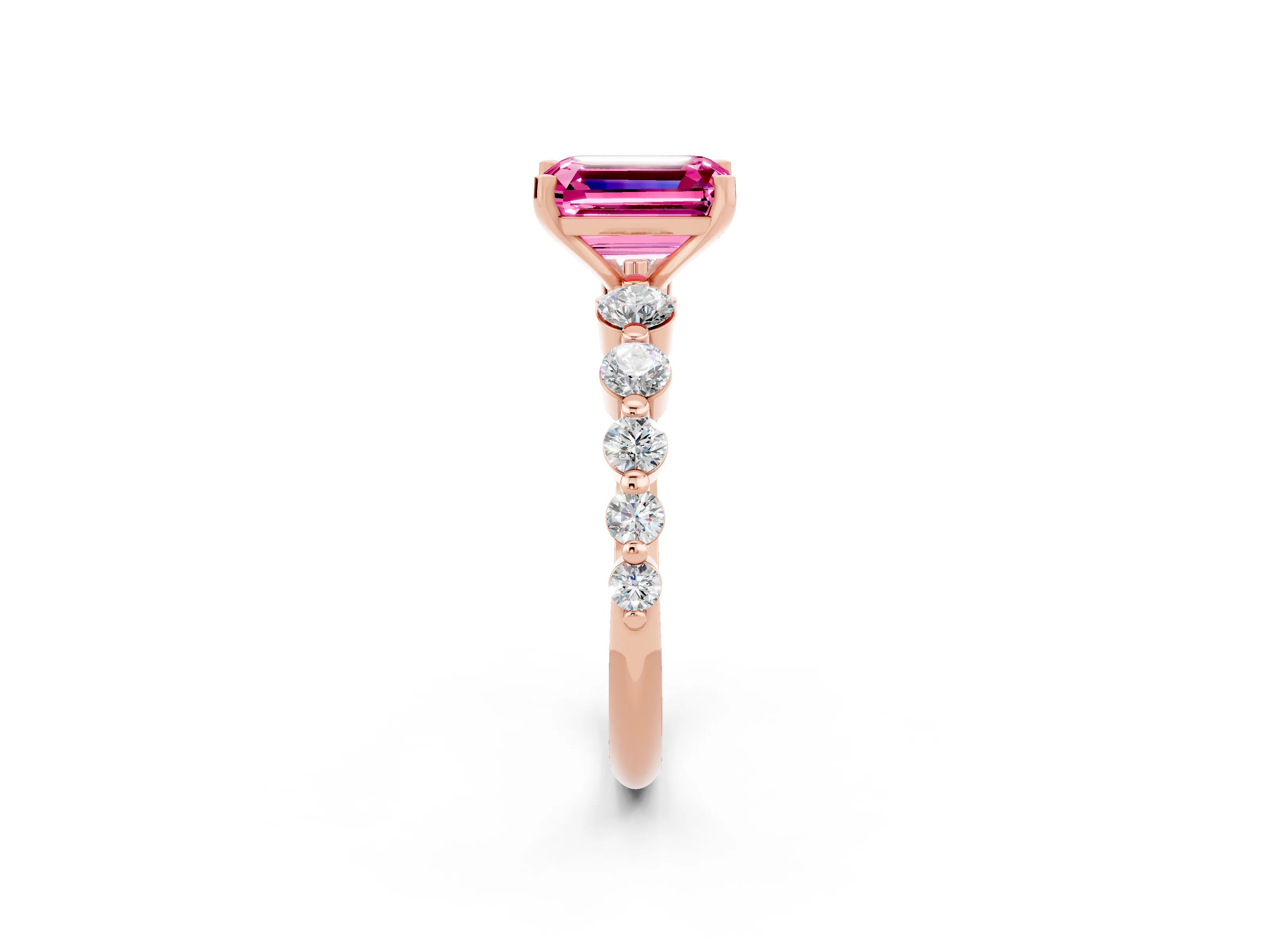 Rose gold Emerald Cut Solitaire Pink Sapphire Ring with Pave Band and Four-Prong Setting_26