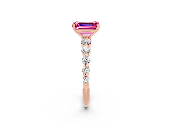Rose gold Emerald Cut Solitaire Pink Sapphire Ring with Pave Band and Four-Prong Setting