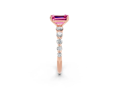 Rose gold Emerald Cut Solitaire Pink Sapphire Ring with Pave Band and Four-Prong Setting_26