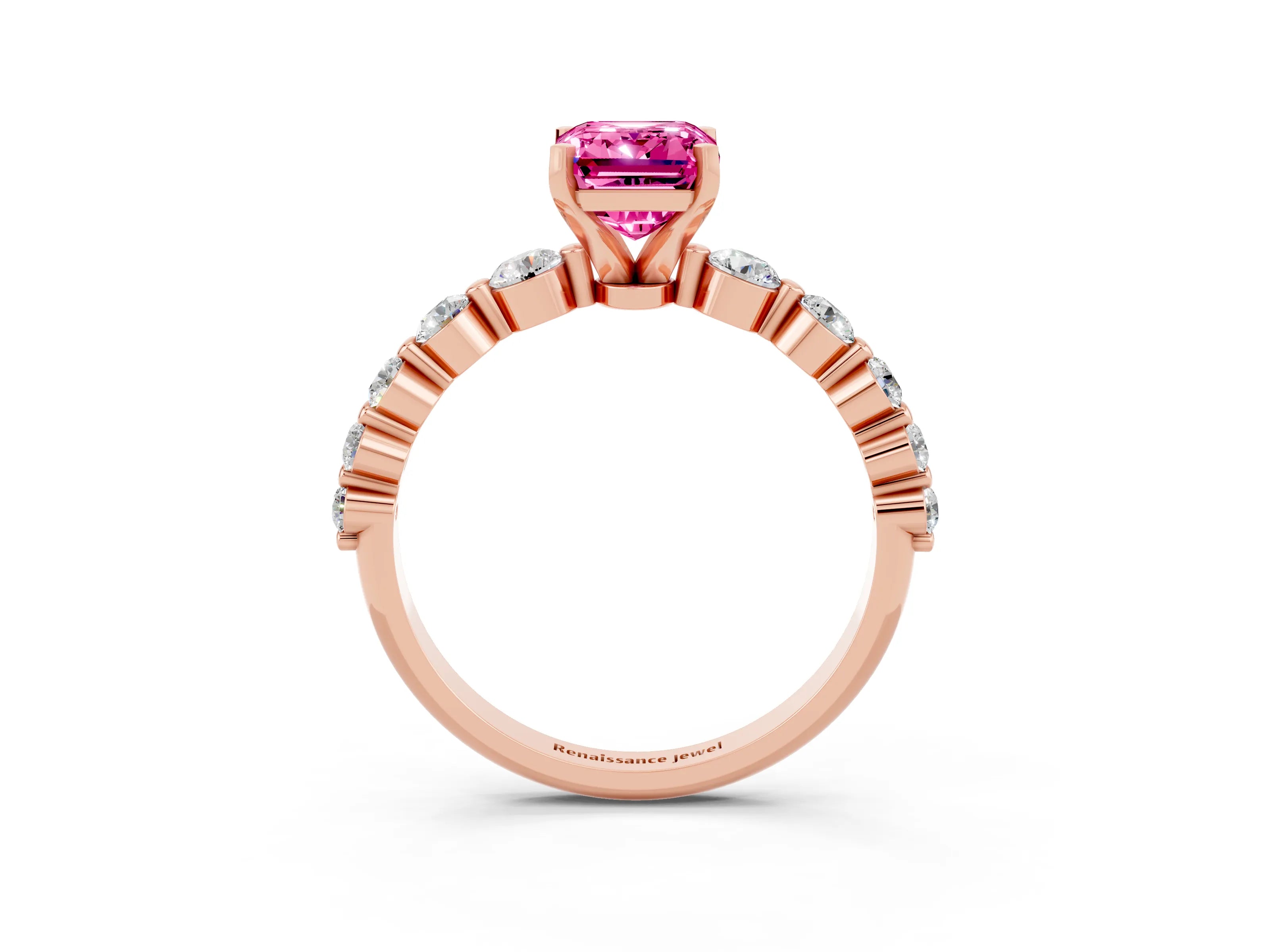 Rose gold Emerald Cut Solitaire Pink Sapphire Ring with Pave Band and Four-Prong Setting_27