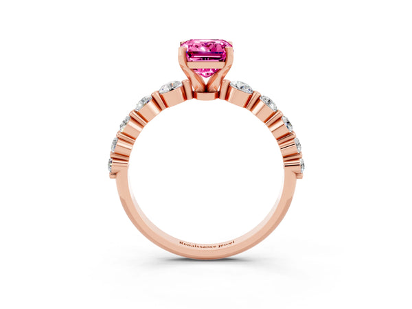 Rose gold Emerald Cut Solitaire Pink Sapphire Ring with Pave Band and Four-Prong Setting